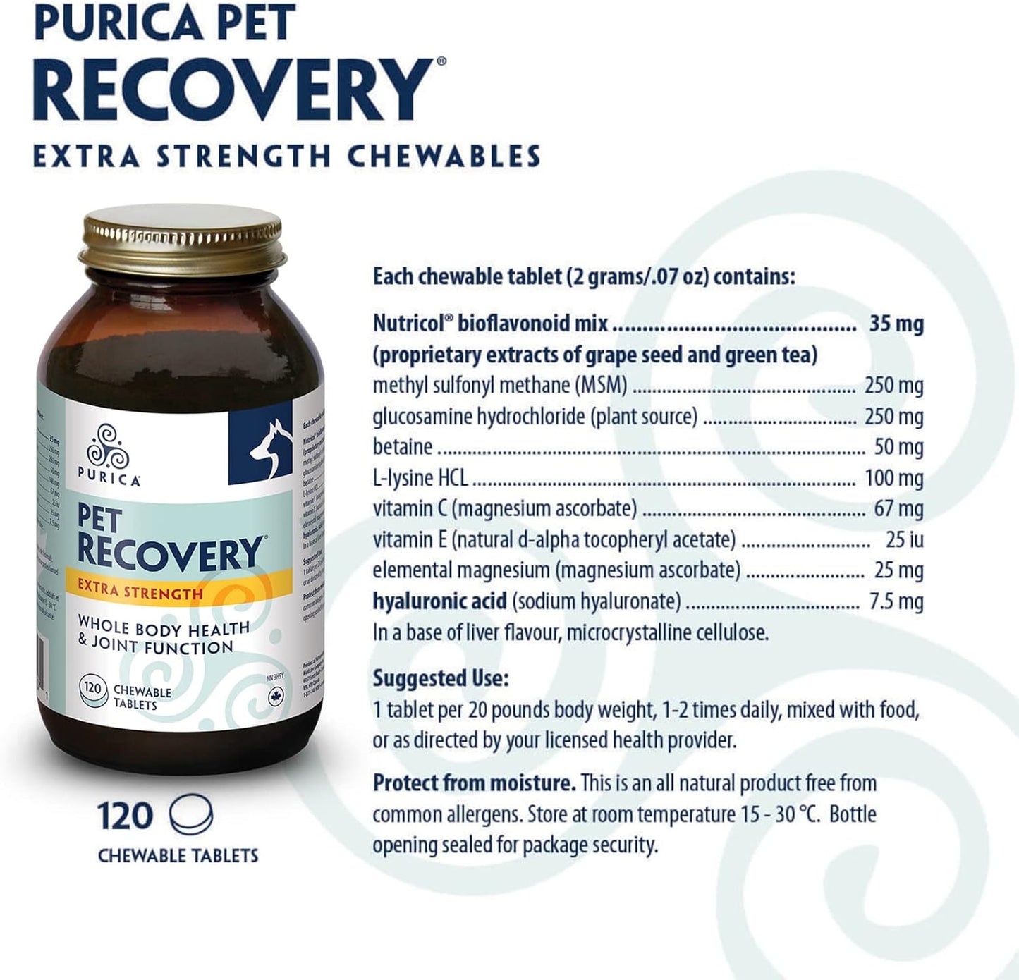 Purica Recovery Extra Strength Dog Supplement - Supports Hip and Joint Health for All Breeds - Contains Nutricol, Hyaluronic Acid, EGCG, Resveratrol - Aims to Enhance Canine Endurance and Flexibility
