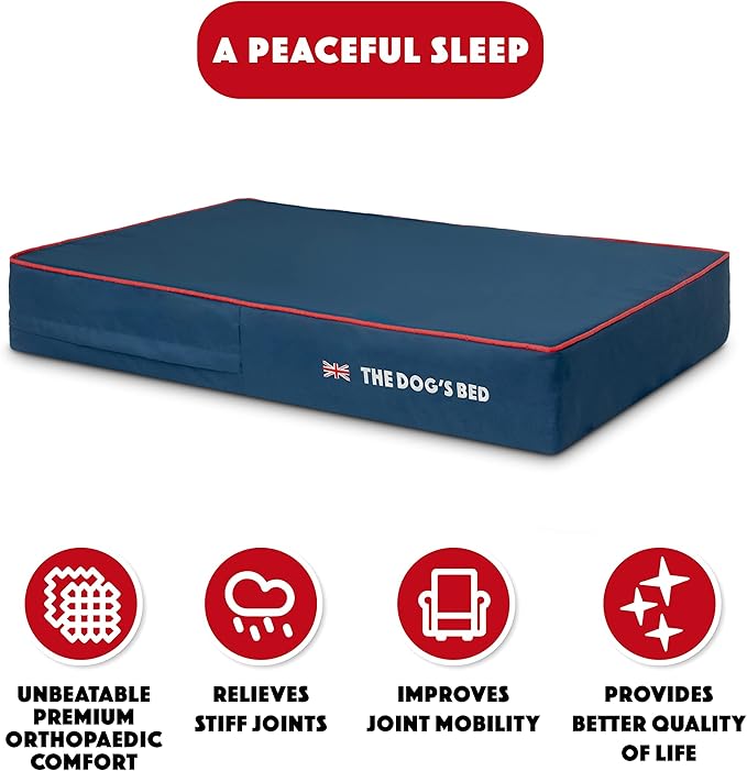The Dog’s Bed Orthopedic Memory Foam Dog Bed, Large Blue Oxford with Red Trim UK Flag, Pain Relief for Arthritis, Hip & Elbow Dysplasia, Post Surgery, Supportive, Calming, Waterproof Washable