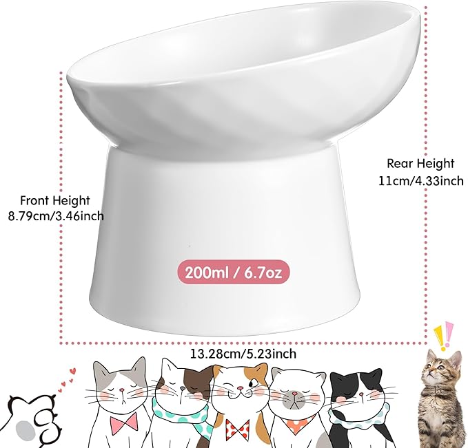 Tanlade 4 Pcs Ceramic Raised Cat Bowls, Elevated Tilted Cat Bowl, Stress Free, Backflow Prevention, Dishwasher and Microwave Safe for Indoor Kitten, Puppies(White and Pink)