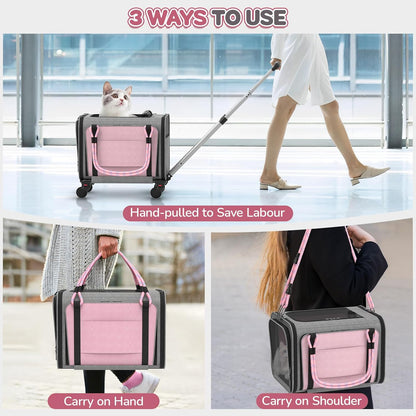 Pet Carrier with Wheels Airline Approved: Expandable Rolling Cat Carrier for Small Dog Under 25lbs - Cat Soft Carrier Pet Travel Bag TSA Approved Under Seat for Airplane Transport Flight