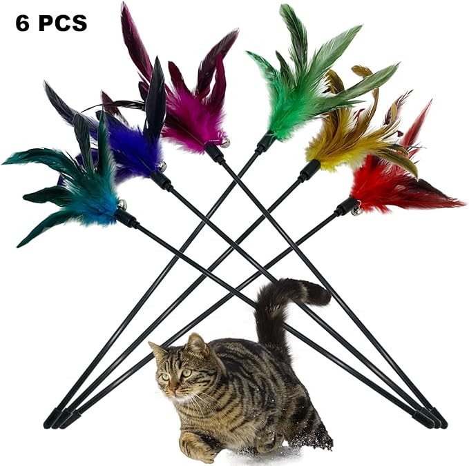 Cat Wand Toy Feather Stick Cat Toys, 6 Pieces Interactive Cat Toy Feathers Wand for Indoor Cats (A)