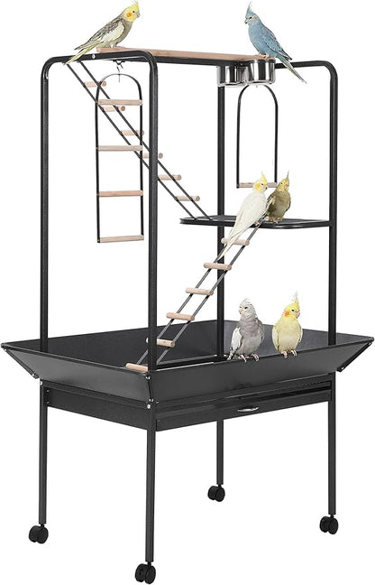 64'' H Inch Birdcage Stand Play Center with Perches and Ladders, Indoor Outdoor Playground for Birds, Bird Playstand w/Rotated Ring Removable Tray, Lockable Caster,Black, for Macaw and Parakeet