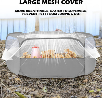 UWE Small Animal Playpen, Chicken Brooder Box with Cover Top, Portable Outdoor Exercise Pet Cage Tent, Waterproof Breathable Pet playpen Indoor for Chick Ktiien Bunny Hamster Guinea Pig, Grey