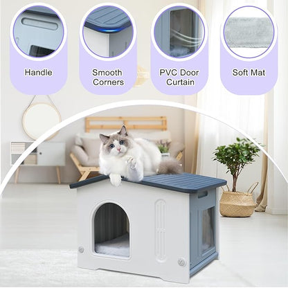 Plastic Cat House Weatherproof for Outdoor Indoor Use, Feral Cat House with Escape Door and Soft Mat, Outside Cat Shelter for Small Pet, Spacious, Assemble Easily - Grey