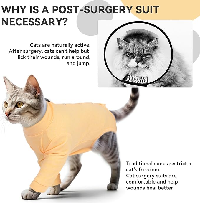T'CHAQUE Cat Surgery Recovery Suit, Anti-Licking Onesie for Post-Spay/Neuter Abdominal Wound, Cat Recovery Suit with Adjustable Drawstring Collar - Long Sleeve Kitten Surgical Onesie, Orange, S