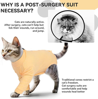 T'CHAQUE Cat Surgery Recovery Suit, Anti-Licking Onesie for Post-Spay/Neuter Abdominal Wound, Cat Recovery Suit with Adjustable Drawstring Collar - Long Sleeve Kitten Surgical Onesie, Orange, S