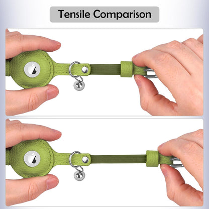 OOPSDOGGY Cat Collar for AirTag Holder, Leather Kitten Collars with Elastic Strap & Bell, Non Breakaway Adjustable Small Pet Collars for Indoor & Outdoor for Boy, Girl (Olive Green)