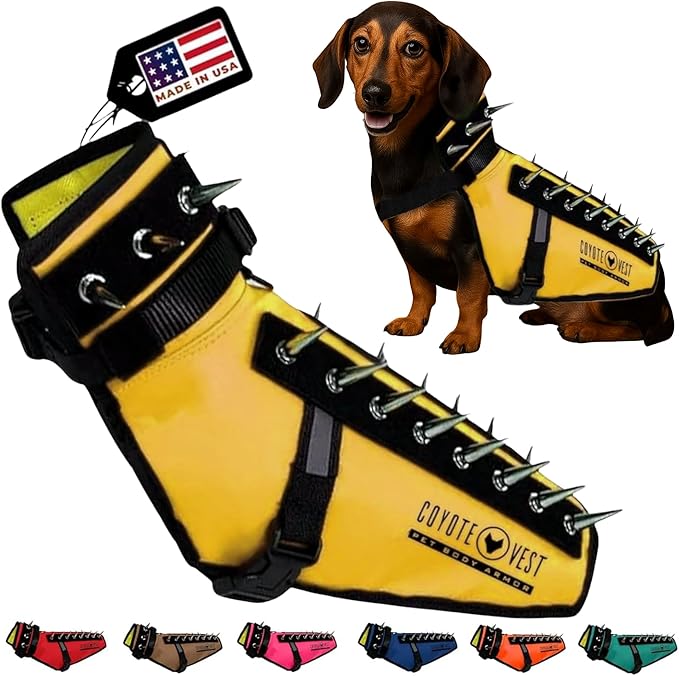 CoyoteVest Dog Harness Protection Vest, Reflective Dog Accessories with Spikes to Shield Your Pet from Raptor and Animal Attacks, Proudly Made in America (X-Small, Yellow)