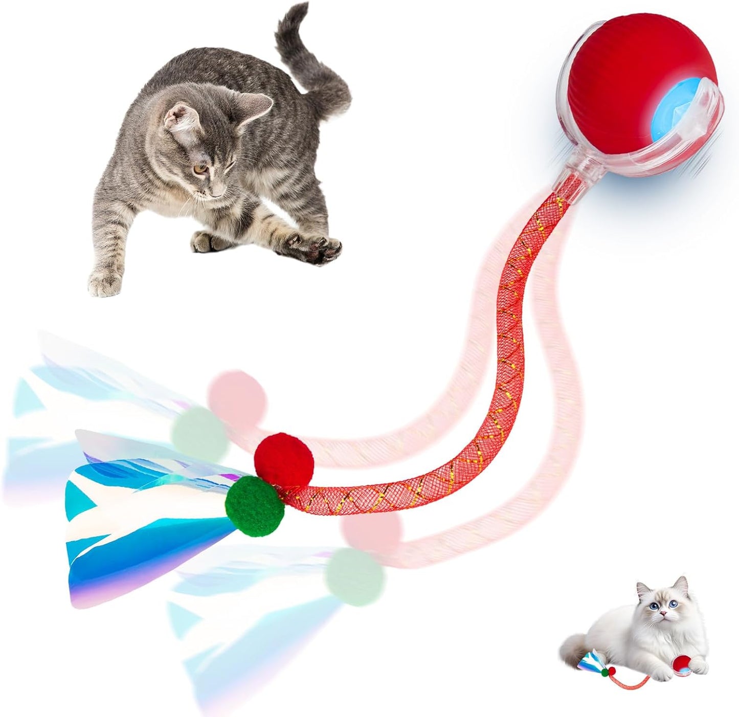 Interactive cat Toy cat Toys for Indoor Cats Agile Moving Cat Ball with Elastic Mesh Tail Automatic Kitten Toys Motion Activated Ball (Red)