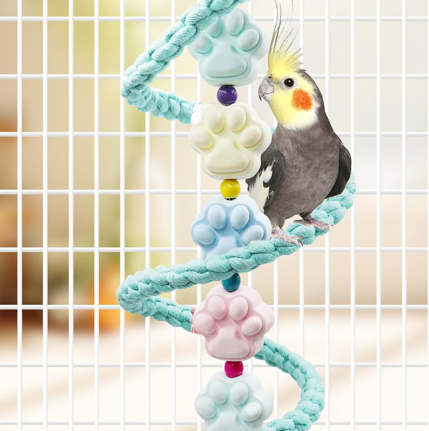Mineral Chew Toy, Paw Shape Colorful Beaded Bird Toys with Bells | Beak Grinding & Foraging Enrichment for African Grey, Amazon Parrots, Budgies, Cockatiels, Conures