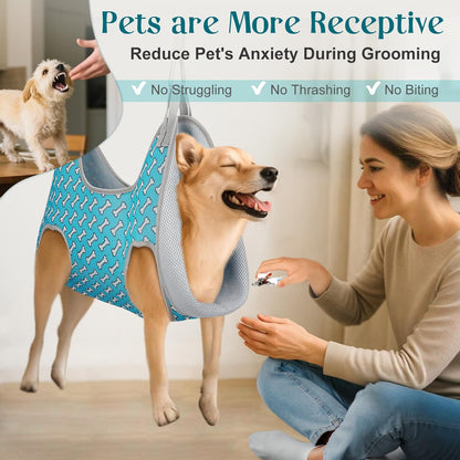 Supet Dog Grooming Hammock Harness for Dogs Cats, Relaxation Pet Nail Clipper Hammock, Restraint Dog & Large Animal Leashes Sling for Groomingk for Nail Trimming (Coral Blue, L)