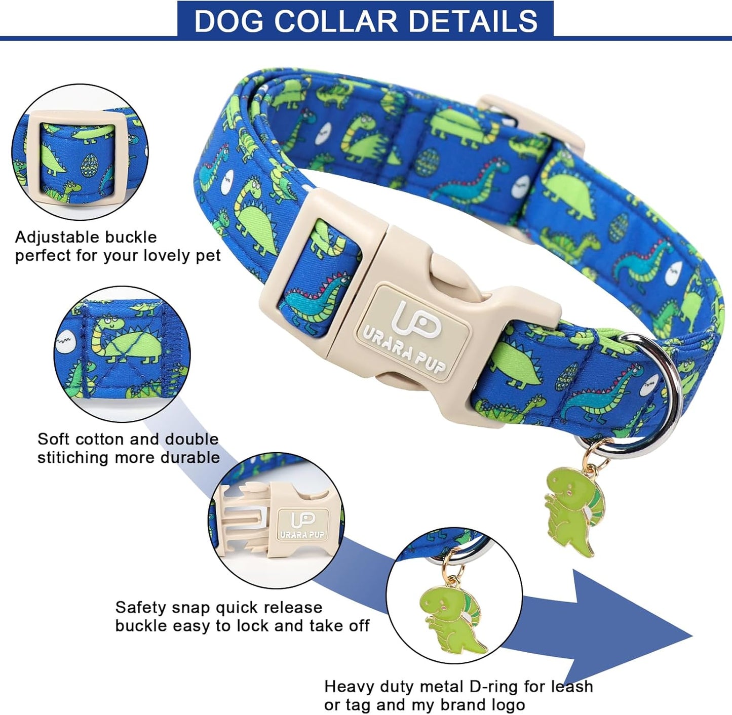 Summer Dog Collar-Dinosaur Dog Collars with Dino Eggs-Blue Summer Pet Dollar-Soft, Adjustable & Stylish for Small/Medium Dogs