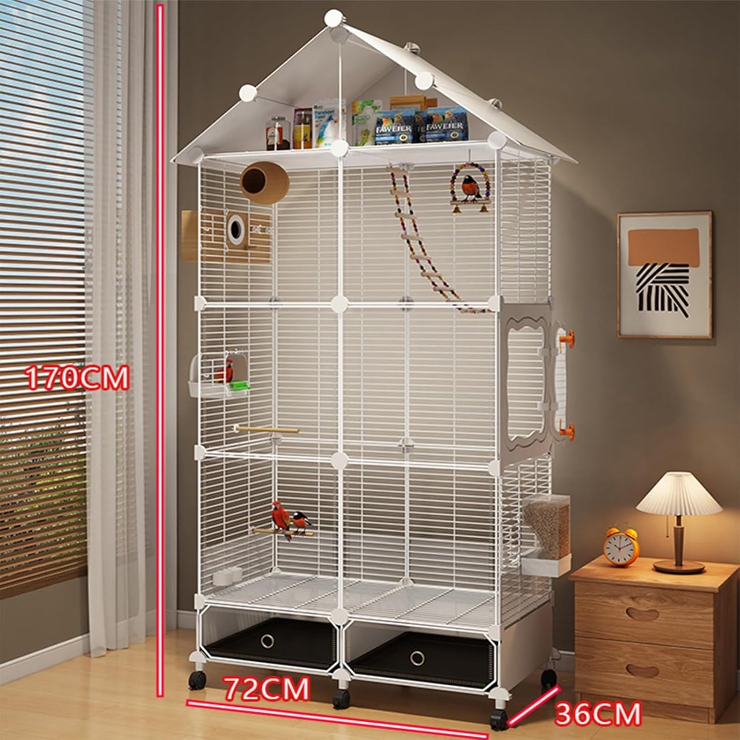 Large Parrot Cage with Acrylic Doors, 4 Casters, Perch & Feeder, Detachable Drawer, Ideal for Cockatiels, Budgies, Conures, Indoor/Outdoor Use – Spacious White Birdcage(White,72 * 36 * 170)