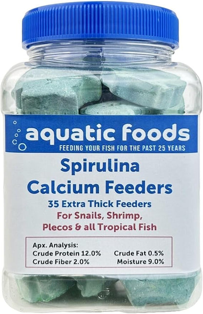 Aquatic Foods Inc. Spirulina Enriched Calcium Feeders for Shrimp, Snails, Crabs, Crayfish, Pleco, Catfish, All Tropical Fish…35 Count Sm Jar