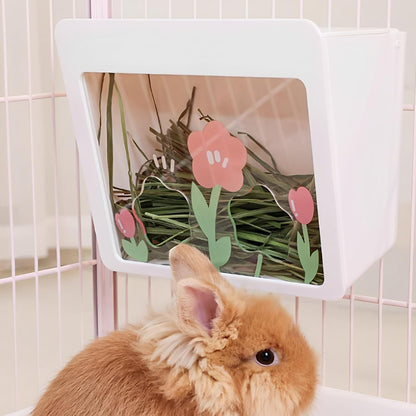 Hanging Rabbit Hay Feeder with Lid - No Waste Slow Feed Hay Rack for Rabbits, Guinea Pigs & Small Pets - Sturdy White Design, Easy to Fill & Clean, Cage Mounted Bunny Hay Holder (Flower Hole Style)