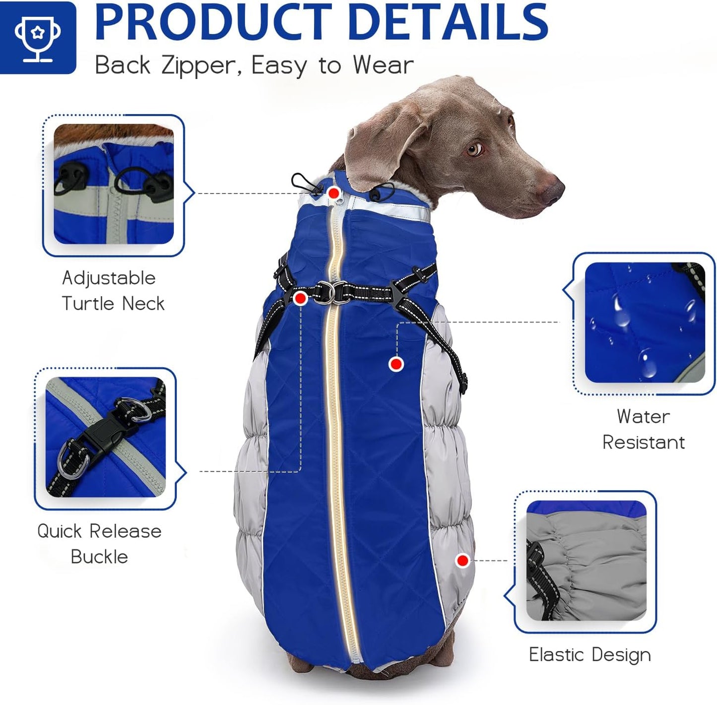 Dog Winter Coat with Harness, Dog Jacket, Pet Clothes with Zipper on Back, Waterproof Windproof Warm Vest, Reflective Cold Weather Coats, for Small Medium Large Dogs, Thick, Blue, M