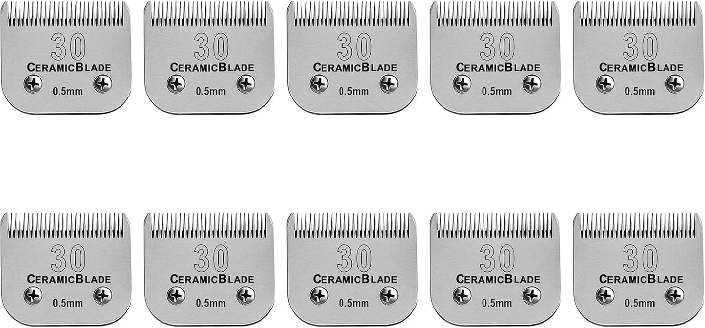 10 Pack Detachable Pet Dog Clipper Blades, Compatible with Andis Size 30 Cut Length 1/50"(0.5mm),Most Oster A5,Wahl KM10 Series Clippers,Made of Ceramic Blade & Stainless Steel Blade