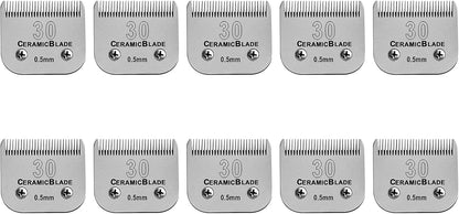 10 Pack Detachable Pet Dog Clipper Blades, Compatible with Andis Size 30 Cut Length 1/50"(0.5mm),Most Oster A5,Wahl KM10 Series Clippers,Made of Ceramic Blade & Stainless Steel Blade