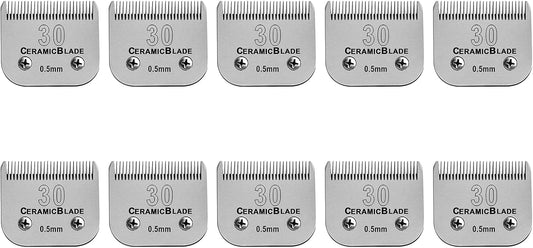 10 Pack Detachable Pet Dog Clipper Blades, Compatible with Andis Size 30 Cut Length 1/50"(0.5mm),Most Oster A5,Wahl KM10 Series Clippers,Made of Ceramic Blade & Stainless Steel Blade