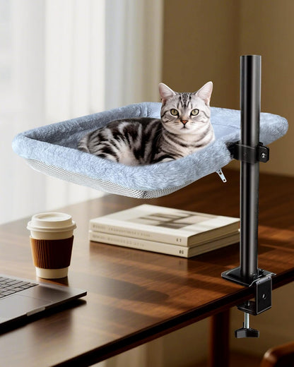 L&W BROS. Cat Desk Bed – Adjustable Desk Cat Hammock with 360° Rotating Arm, Dual-Sided Washable Cover, 35LB Capacity, 17"x14", Metal Frame