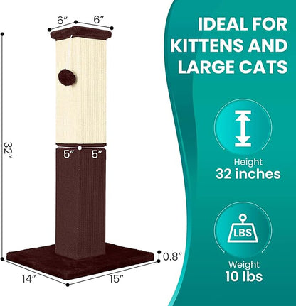 Cat Scratching Post, 32 Inch Cat Scratching Post for Large Cats, Cat Scratcher with Nature Sisal, Cat Scratch Post for Indoor Large Cats and Kitten, Brown