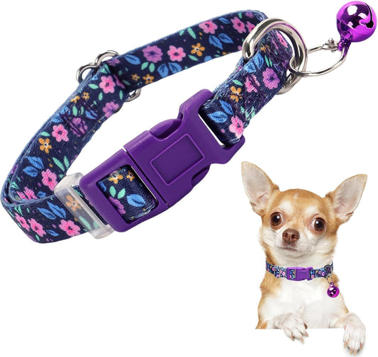 Nylon Dog Collar with Bell for Small Dogs, Adjustable Puppies, Kittens & Small Pets Collar- Purple Floral Design, XXS-XS-S Sizes, Lightweight & Secure Fit, for Pet Owners (S)