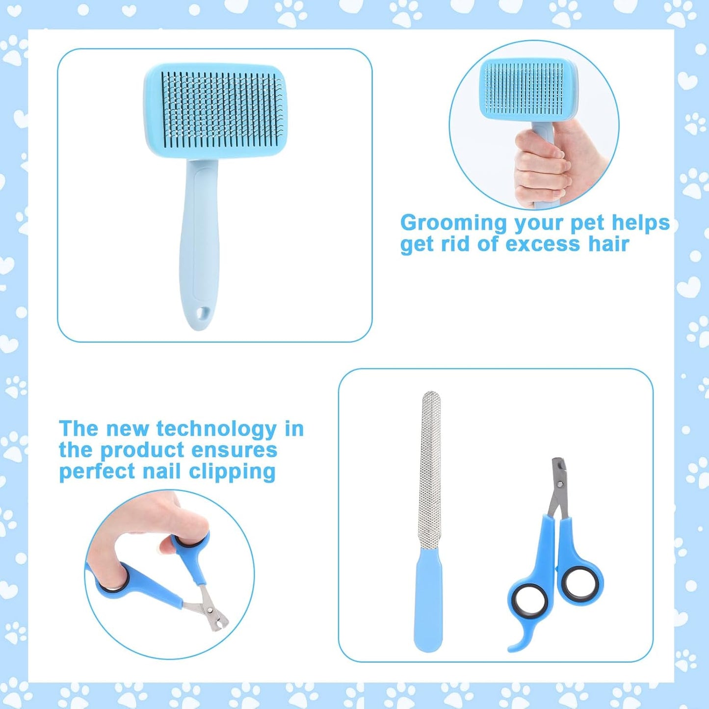 VCZONE 8 Pcs Dog Brush Grooming Kits, Includes Pet Nail Clipper and File, Flea Comb, Pet Shampoo Bath Brush, Pet Shedding Brush, Pet Dematting Comb, Silicone Toothbrush (Blue)