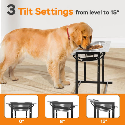 Elevated Dog Bowls for Large Dogs, 4 Height Adjustable Tilted Raised Dog Bowl Stand with 2 Stainless Steel 2L Bowls, 13.6" Tall Dog Feeder for Medium and Large Breed
