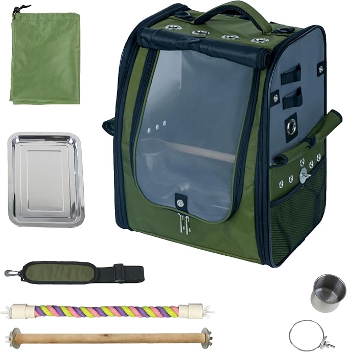 Birds Day Bird Carrier Backpack-Parrot Travel Cage with 2PCS Perch and Food Bowl, Stainless Steel Tray (Dark Olive Green)