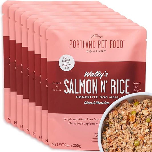 Portland Pet Food Company Wally’s Salmon N’ Rice Fresh Dog Food Pouches Human-Grade, Gluten-Free Wet Pet Meal Toppers Mix-Ins & Meals - Large & Small Breed, Puppy to Senior - Made in the USA - 8 Pack