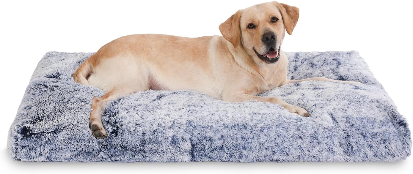 Bedfolks Plush Waterproof Dog Crate Bed, XXL Faux Fur Kennel Pad, 47"x29", Dark Blue