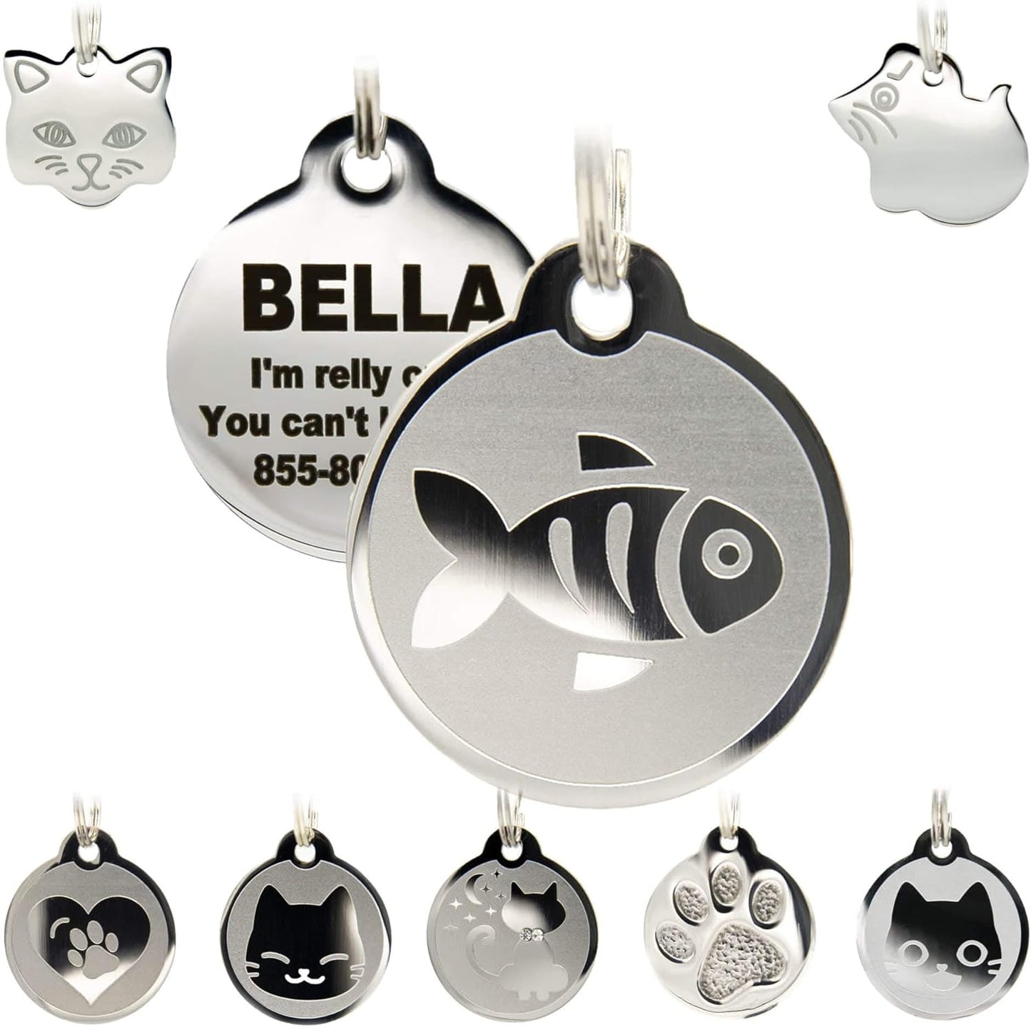 Stainless Steel Cat ID Tags - Engraved Personalized Tags with up to 4 Lines of Text and Cat & Mouse Shapes