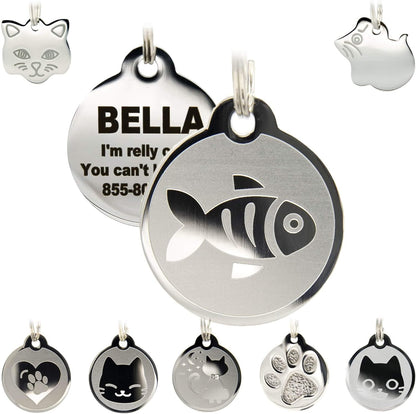 Stainless Steel Cat ID Tags - Engraved Personalized Tags with up to 4 Lines of Text and Cat & Mouse Shapes