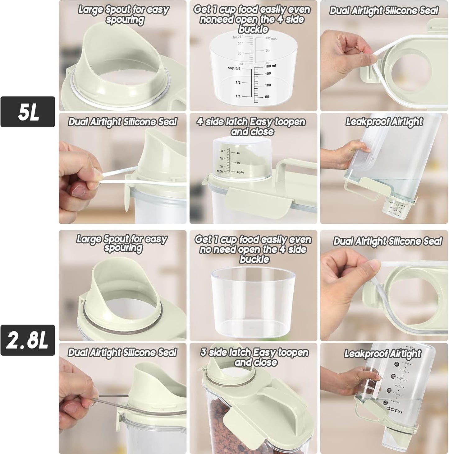 Dog Food Storage Container, Upgraded Large Nozzle BPA-free, 3-5 LBS Plastic Pet Food Storage Containers, With 4 Sealed Clasps, 1 Measuring Cup and Handle (Beige-A)