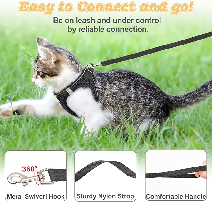 Cat Harness and Leash for Walking Escape Proof, Adjustable Kitten Vest Harness Reflective Soft Mesh Puppy Harness for Outdoor, Comfort Fit, Easy to Control (Black, XS)