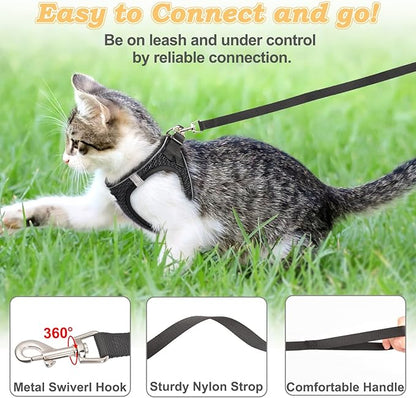Cat Harness and Leash for Walking Escape Proof, Adjustable Kitten Vest Harness Reflective Soft Mesh Puppy Harness for Outdoor, Comfort Fit, Easy to Control (Black, S)