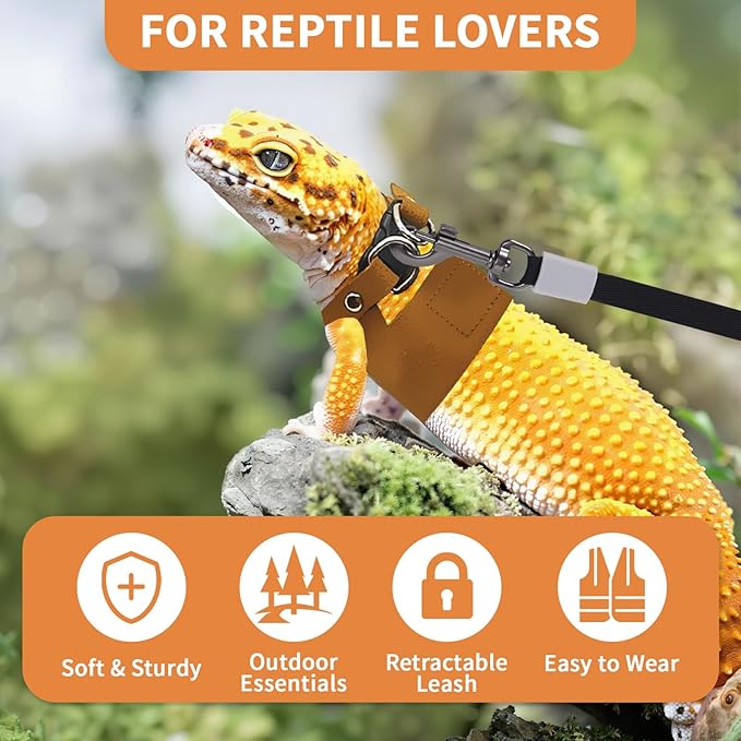 3 Pack Bearded Dragon Leash and Harness Set, Retractable 9.8FT Leash with 3 Sizes Adjustable Soft Harness for Reptile Small Animals Walking, Cute Lizard Vest Clothes for Reptile Lovers -Brown