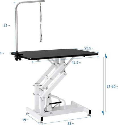 Hydraulic Dog Pet Grooming Table, 42 Inch Heavy Duty Z Lift Structure Professional Dog Grooming Table Suitable for Large Dogs at Home with Adjustable Arms, Clamps and 2 Grooming Noose, Black