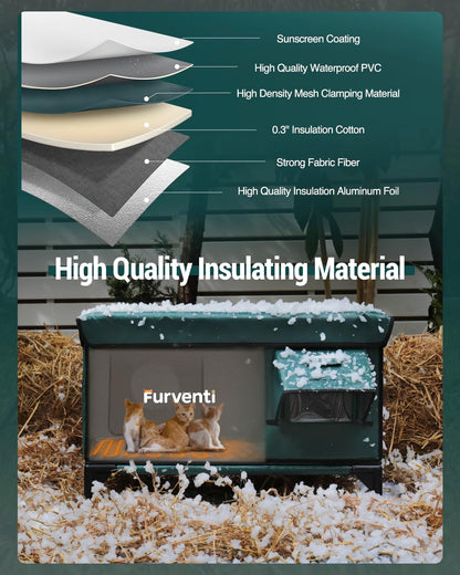 Heated Cat House for Outside,Dual Camera Mounts,100% Weatherproof & Extremely Insulated,Elevated Feral Cat Shelter with Escape Door,Waterproof Eaves for Outdoor Stray Barn Cat(Dark Green, XL)