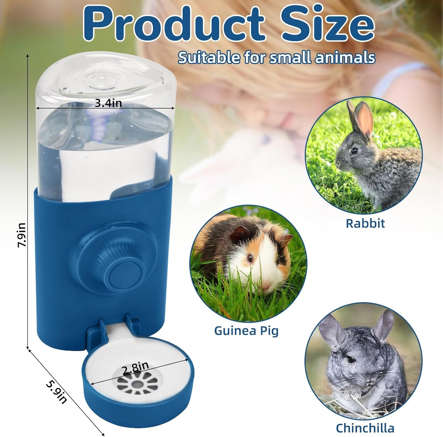 Rypet Hanging Rabbit Water Bottle Cage, 21oz Guinea Pig Water Bottle Dispenser, Automatic Small Pet Cage Water Feeder for Bunny Chinchilla Hamster Hedgehog Ferret Rat Gerbil Small Animal (Blue)