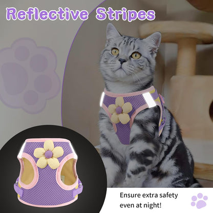 Cat Harness and Leash Set for Walking Escape Proof, Adjustable Kitten Harness Breathable Mesh with Reflective Strips Harness with Flower for Kitty Puppy Bunny Purple S