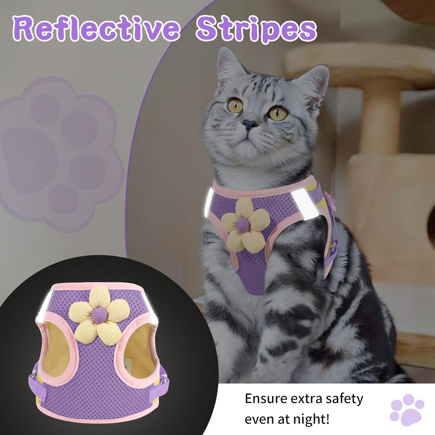 Cat Harness and Leash Set for Walking Escape Proof, Adjustable Kitten Harness Breathable Mesh with Reflective Strips Harness with Flower for Kitty Puppy Bunny Purple XS