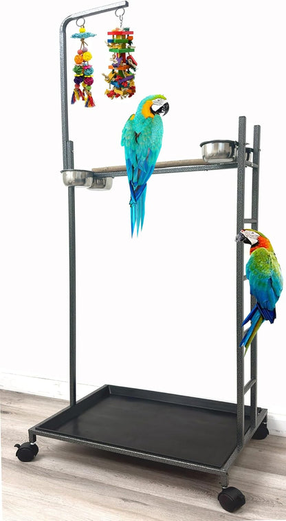 65.5 Inch X-Large Parrot Natural Perch Stand Bird Play Ground Training with Strong Climbing Play Ladder Stainless Feeding Bowls Toy Hook Removable Washable Tray Lockable Rolling Wheels
