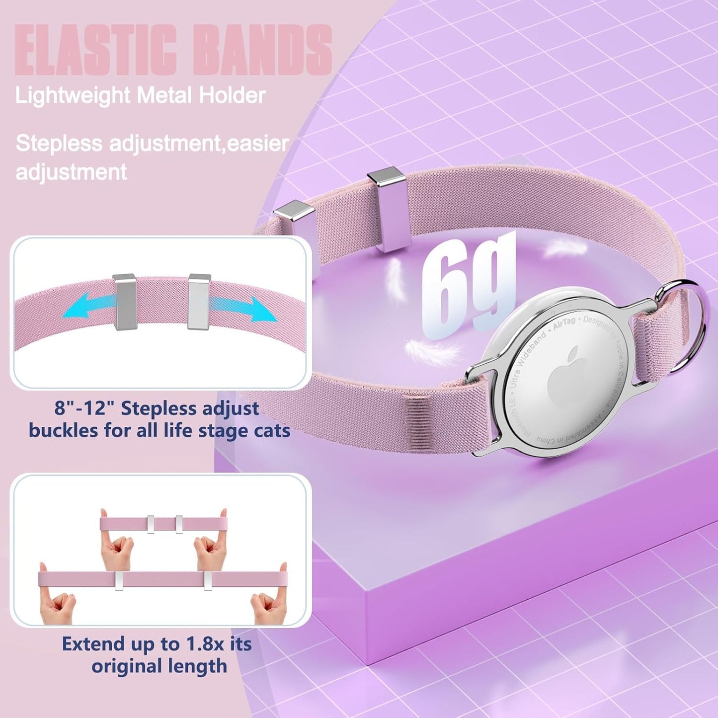 AirTag Cat Collar, Ultra Elastic Cat Tracker Collar, Airtag Holder Compatible with Apple Air Tag, [Lightweight & Scratch Resistant] Adjustable Stepless GPS Pet Collar for Cats Kittens, Pink