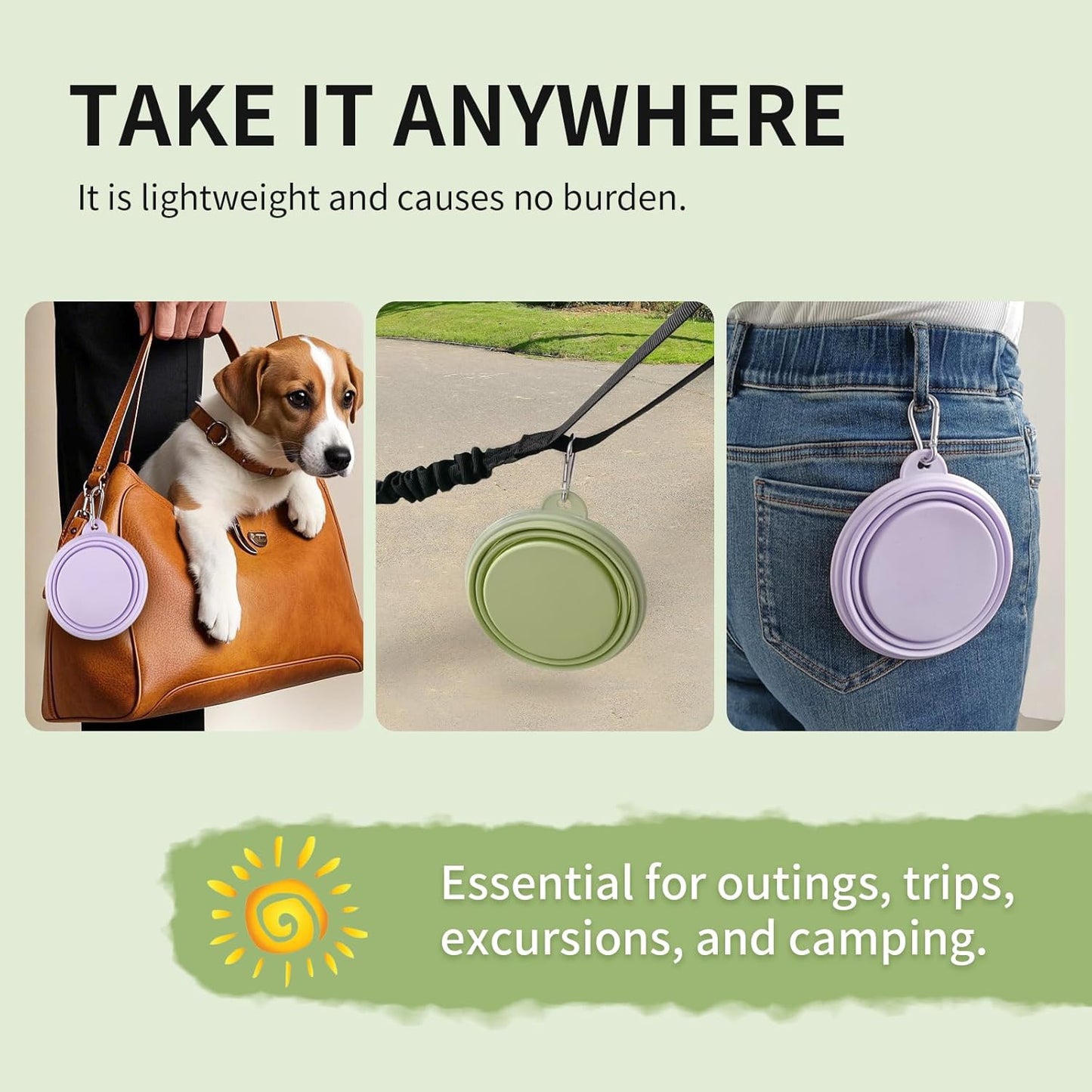 Collapsible Dog Bowls 2-Pack, Portable Travel Dog Bowl with Carabiner, Food-Grade Silicone Pet Bowl for Hiking, Walking(Macaron Violet and Green)