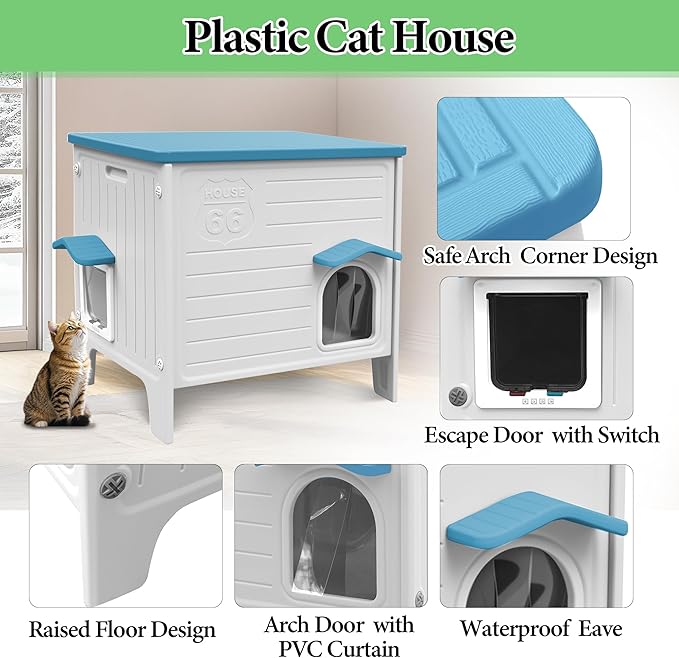 Outdoor Cat House Weatherpoof Large Plastic Cats Houses with Escape Door Indoor Waterproof Feral/Pet Cat Shelter Outside for Multiple Cats (Blue)