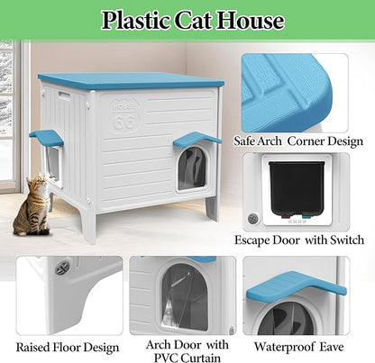 Cat House Outdoor Weatherpoof Plastic Cats Houses with Escape Door Indoor Waterproof Feral/Pet Cat Shelter Outside for Puppy, Rabbit(Blue)
