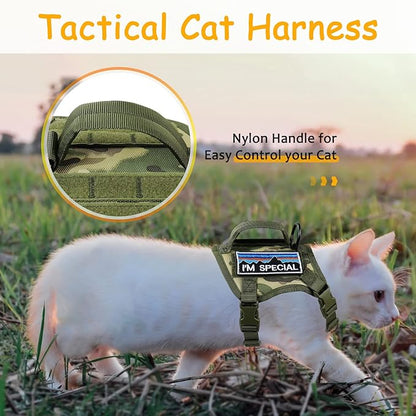 Tactical Cat Harness for Walking, Adjustable Escape Proof Pet Vest for Large Cat,Easy Control Breathable Cat Vest with Handle，Molle Patches (Camo Green, L)