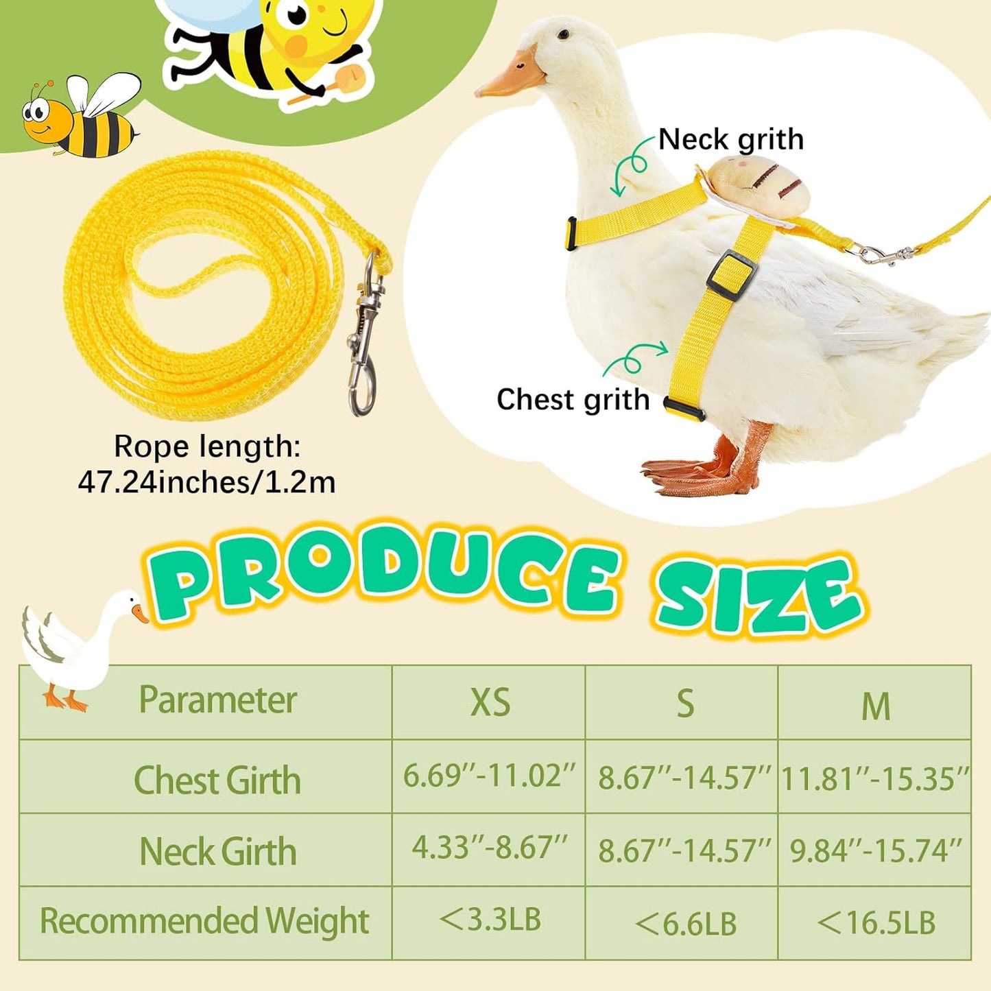 Duck Harness Leash Set Duck Harness and Leash for Real Ducks Adjustable Walking Rope Pet Cute Pattern Outdoor Traction Rope for Chicken Rabbit Small Animals(S,Bee)