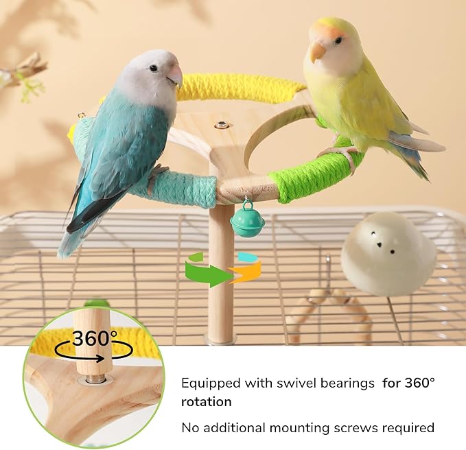 360° Interactive Rotating Bird Perch Toy with Bell - Natural Wood Spinning Cage Accessory for Parakeets, Budgies, Lovebirds, Cockatiels, Conures, Finches and Small/Medium Birds